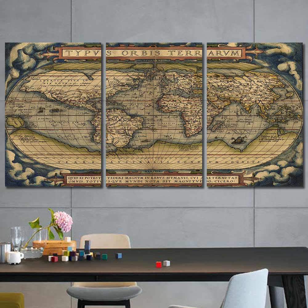 Old World Rustic Map Framed Canvas Home Decor Wall Art Multiple Choices 1 3 4 5 Panels