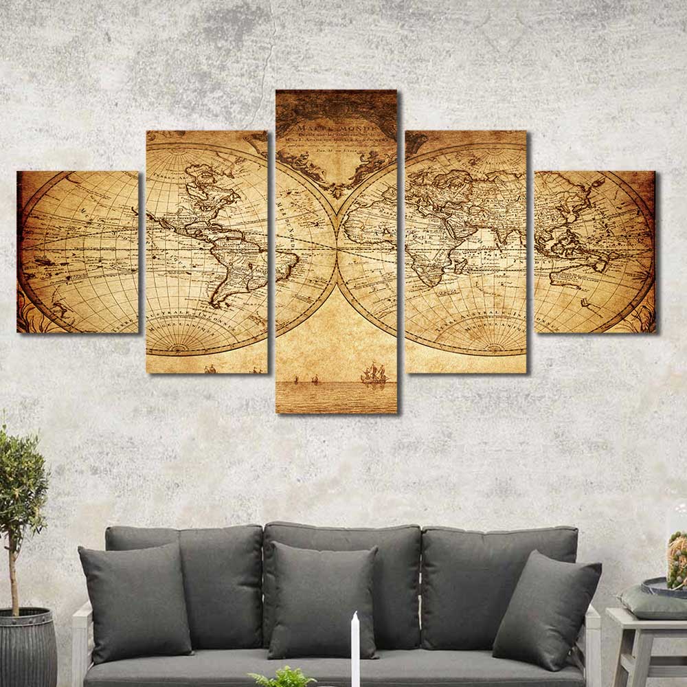 Rustic World Map Framed Canvas Home Decor Wall Art Multiple Choices 1 3 4 5 Panels