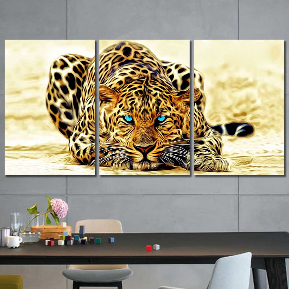 Azure Gaze: Golden Leopard Collection - Framed Canvas Home Decor Wall Art Multiple Choices 1 3 4 5 Panels