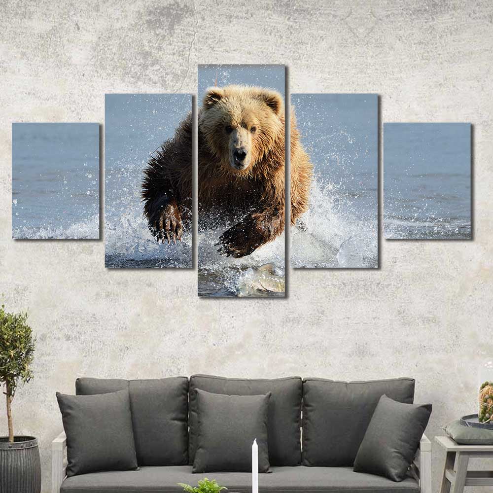 Grizzly Chase: Salmon Run Collection - Framed Canvas Home Decor Wall Art Multiple Choices of Panels