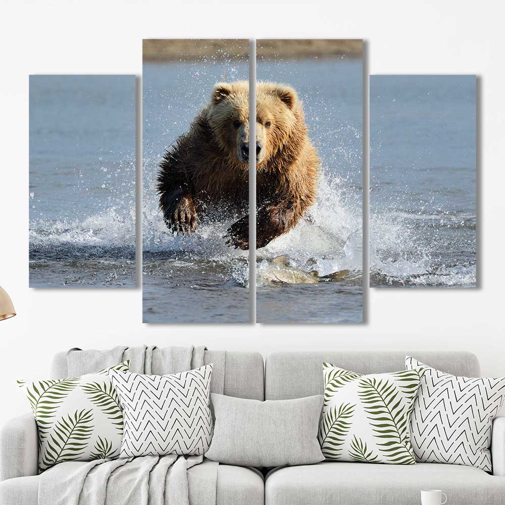 Grizzly Chase: Salmon Run Collection - Framed Canvas Home Decor Wall Art Multiple Choices of Panels