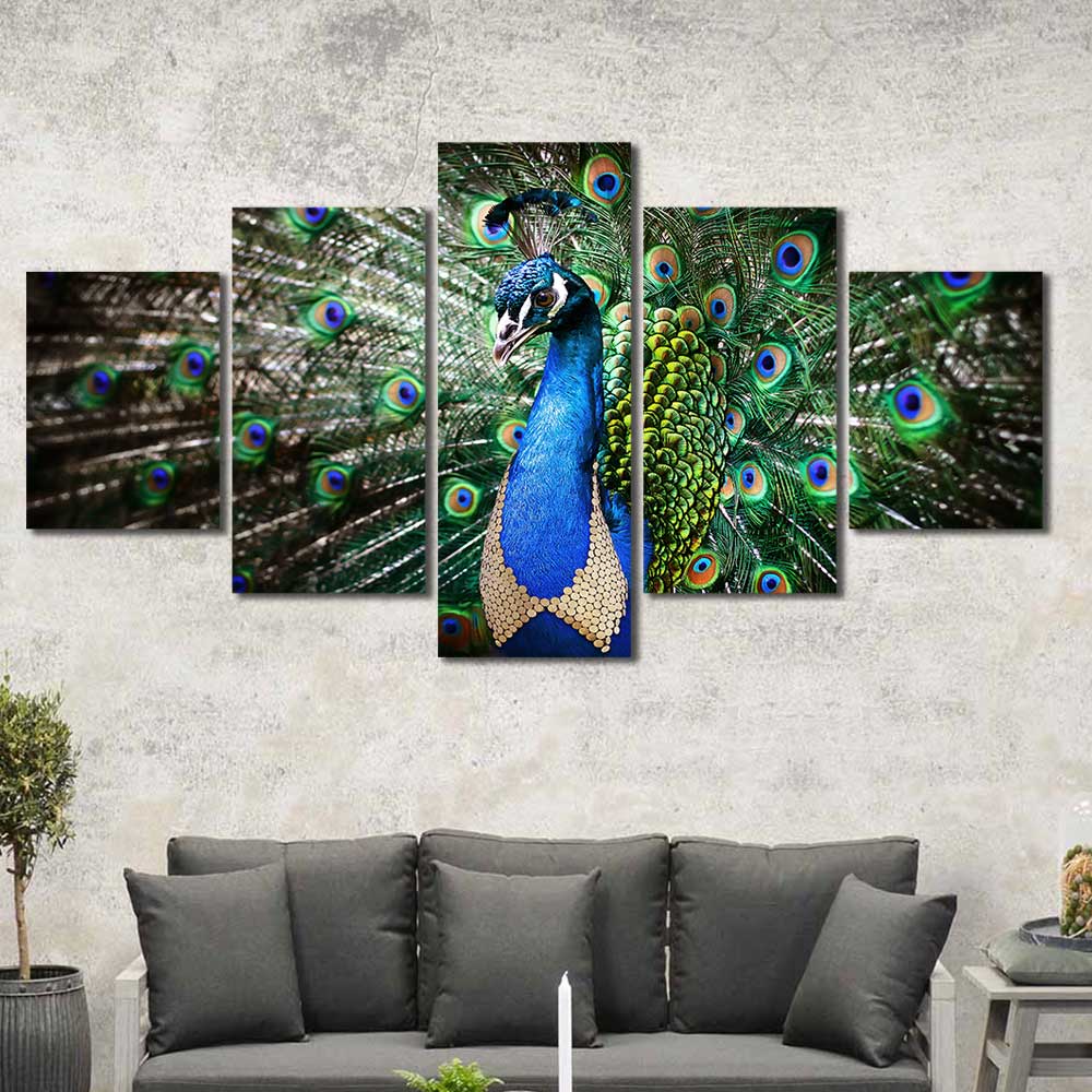 Royal Plumage: Peacock Portrait Collection - Framed Canvas Home Decor Wall Art Multiple Choices 1 3 4 5 Panels