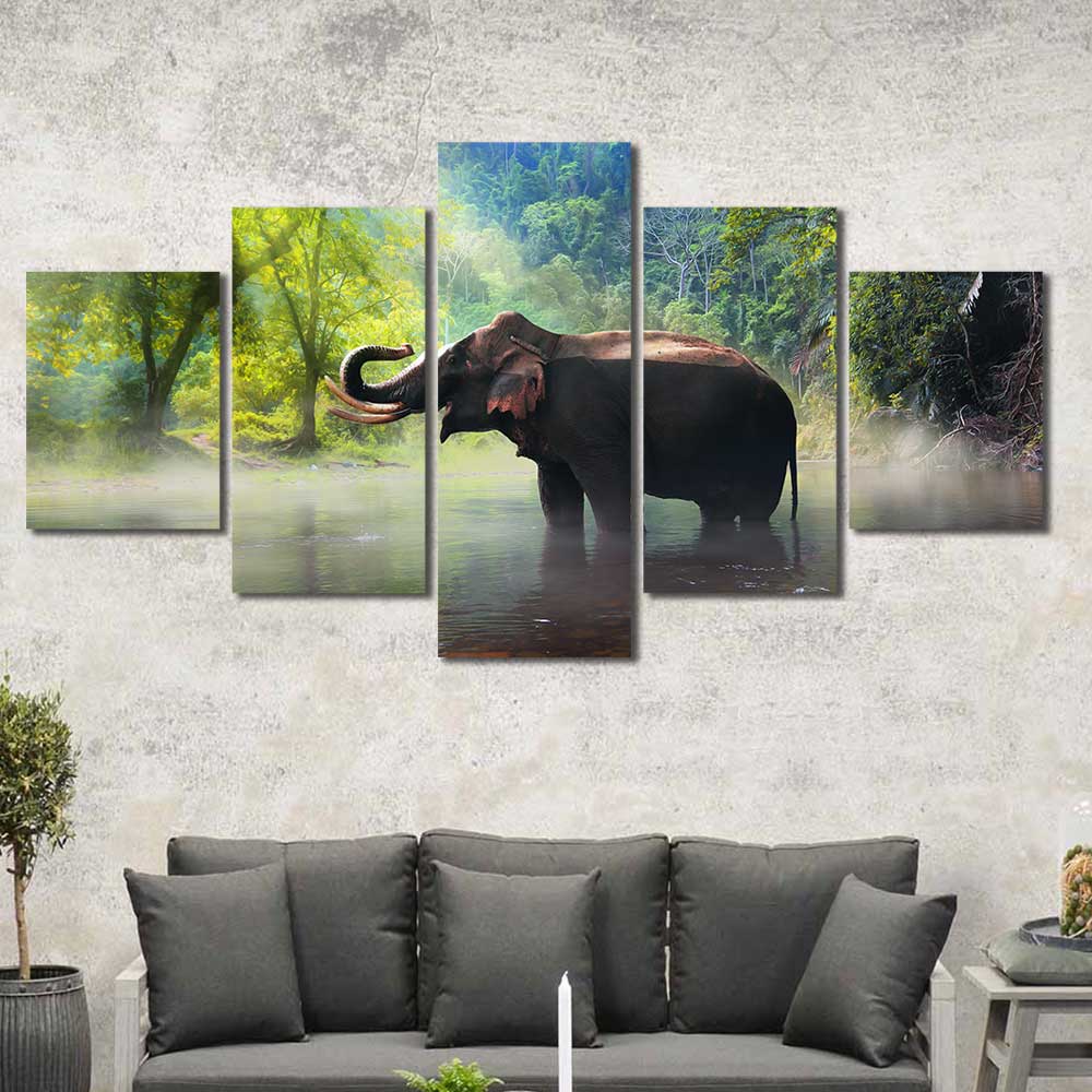 Misty Waters: Asian Elephant Collection - Framed Canvas Home Decor Wall Art Multiple Choices 1 3 4 5 Panels
