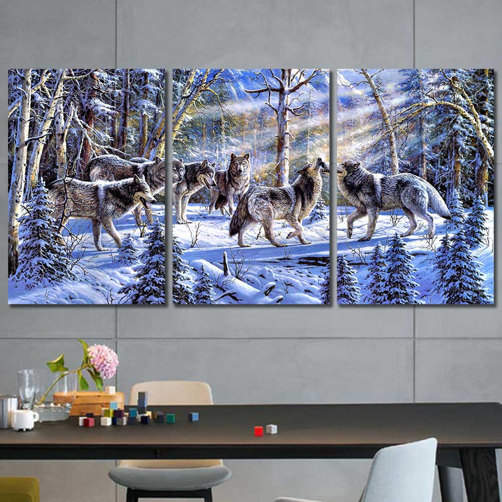 Winter's Pack: Snow Wolf Collection - Framed Canvas Home Decor Wall Art Multiple Choices 1 3 4 5 Panels