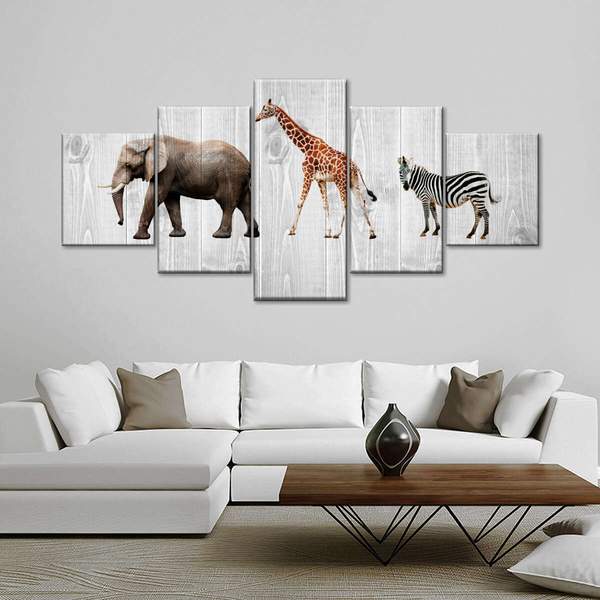 Nursery Animals Wood Look Five Piece Canvas Wall Art Home Decor Multi Panel 5