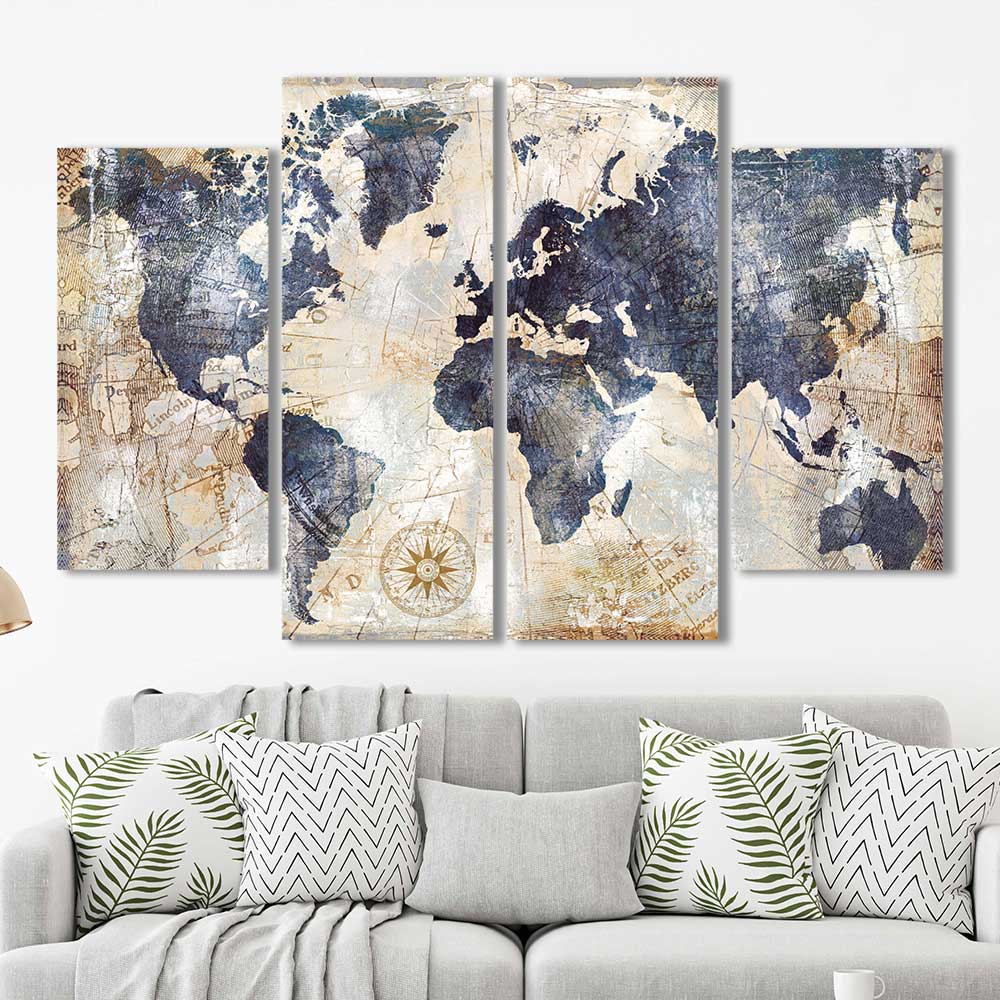 Blue Old World Map Rustic Framed Canvas Home Decor Wall Art Multiple Choices 1 3 4 5 Panels