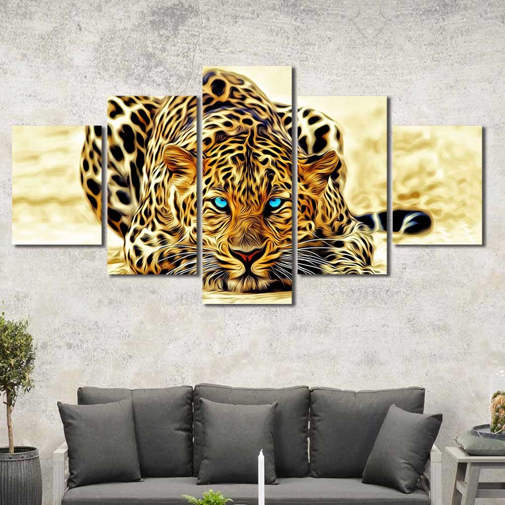 Azure Gaze: Golden Leopard Collection - Framed Canvas Home Decor Wall Art Multiple Choices 1 3 4 5 Panels