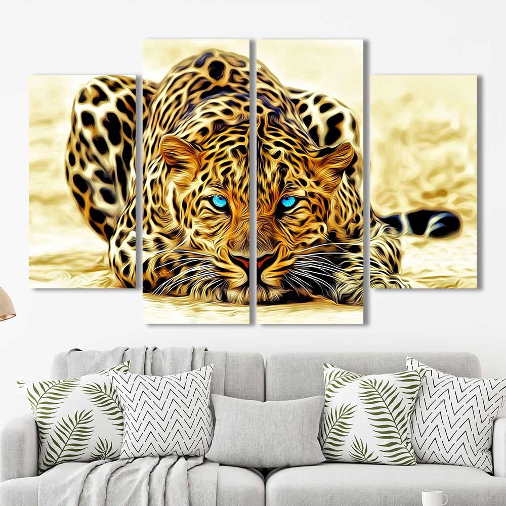 Azure Gaze: Golden Leopard Collection - Framed Canvas Home Decor Wall Art Multiple Choices 1 3 4 5 Panels