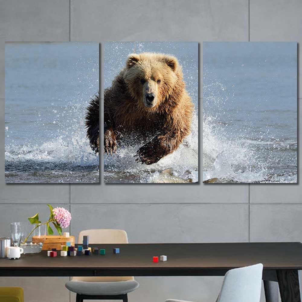 Grizzly Chase: Salmon Run Collection - Framed Canvas Home Decor Wall Art Multiple Choices of Panels