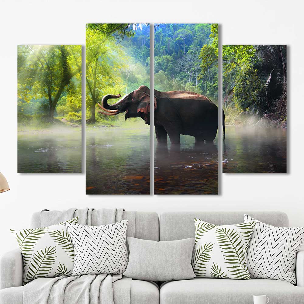 Misty Waters: Asian Elephant Collection - Framed Canvas Home Decor Wall Art Multiple Choices 1 3 4 5 Panels