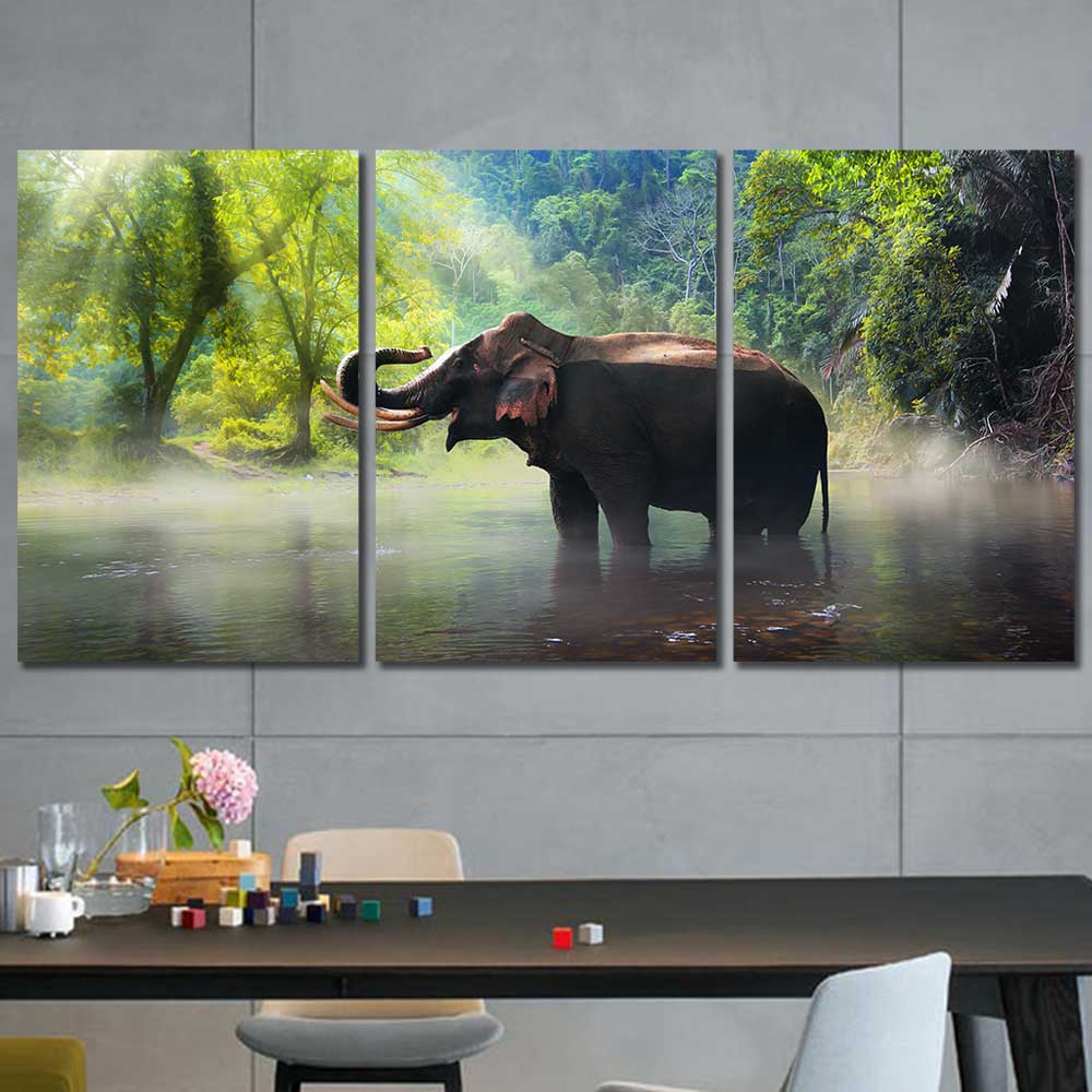 Misty Waters: Asian Elephant Collection - Framed Canvas Home Decor Wall Art Multiple Choices 1 3 4 5 Panels