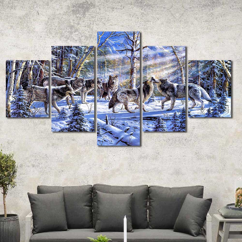 Winter's Pack: Snow Wolf Collection - Framed Canvas Home Decor Wall Art Multiple Choices 1 3 4 5 Panels