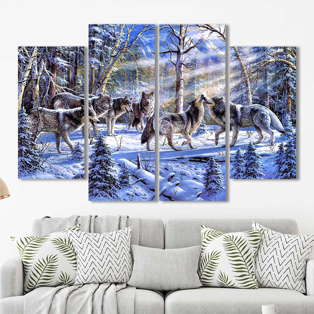 Winter's Pack: Snow Wolf Collection - Framed Canvas Home Decor Wall Art Multiple Choices 1 3 4 5 Panels