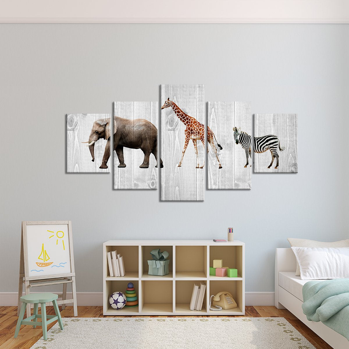 Kids Room Animals Five Piece Canvas Wall Art Wood Look