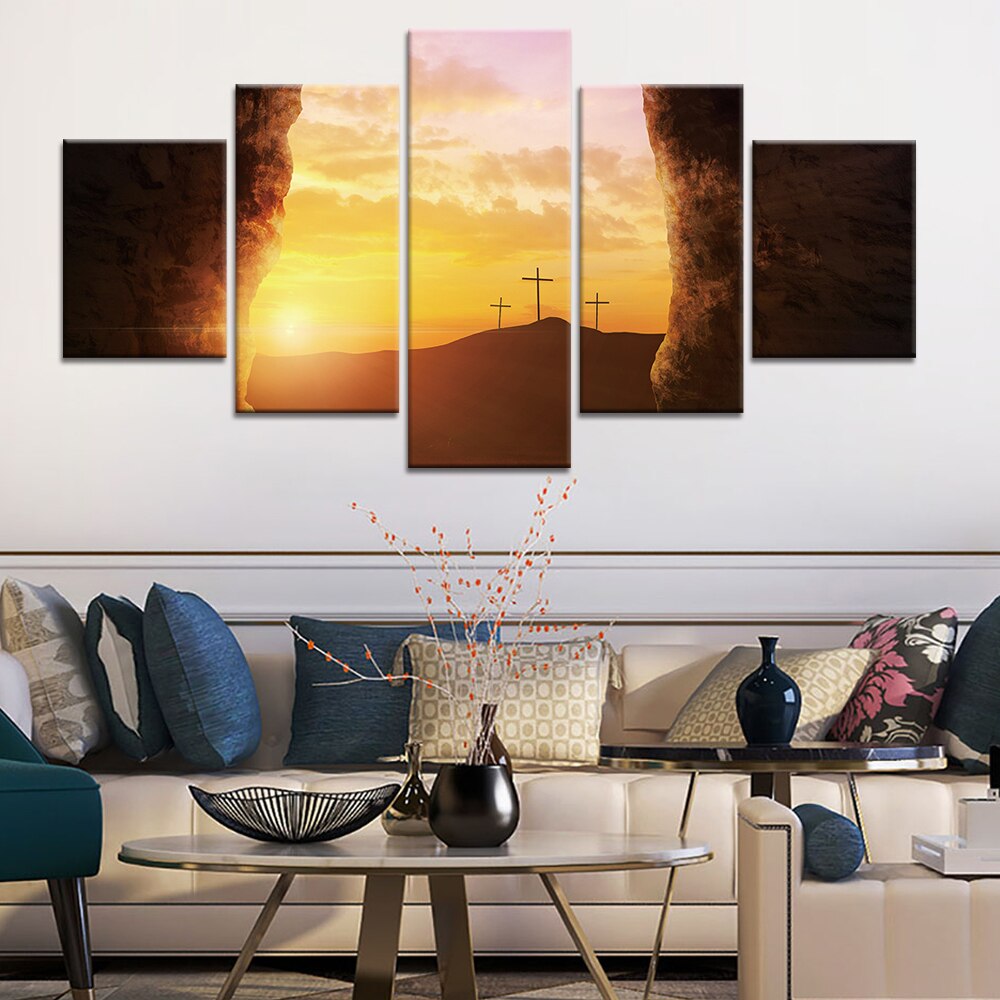 Crosses Sunset East Christianity Five Piece Canvas Wall Art Home Decor Multi Panel 5