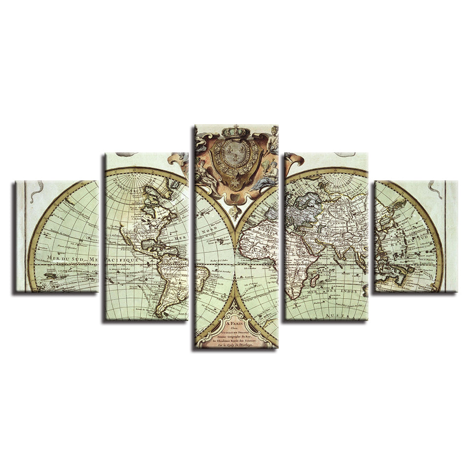 Old World Map Retro Vintage Five Piece Canvas Wall Art Home Decor