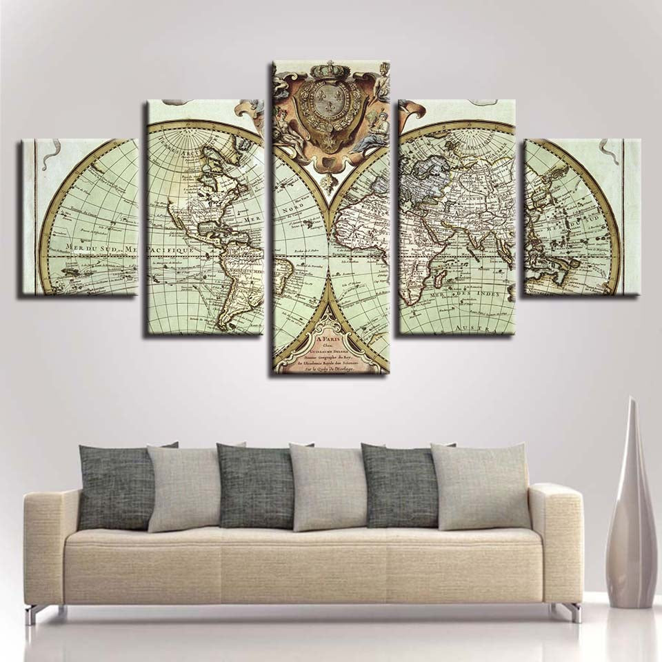 Old World Map Retro Vintage Five Piece Canvas Wall Art Home Decor