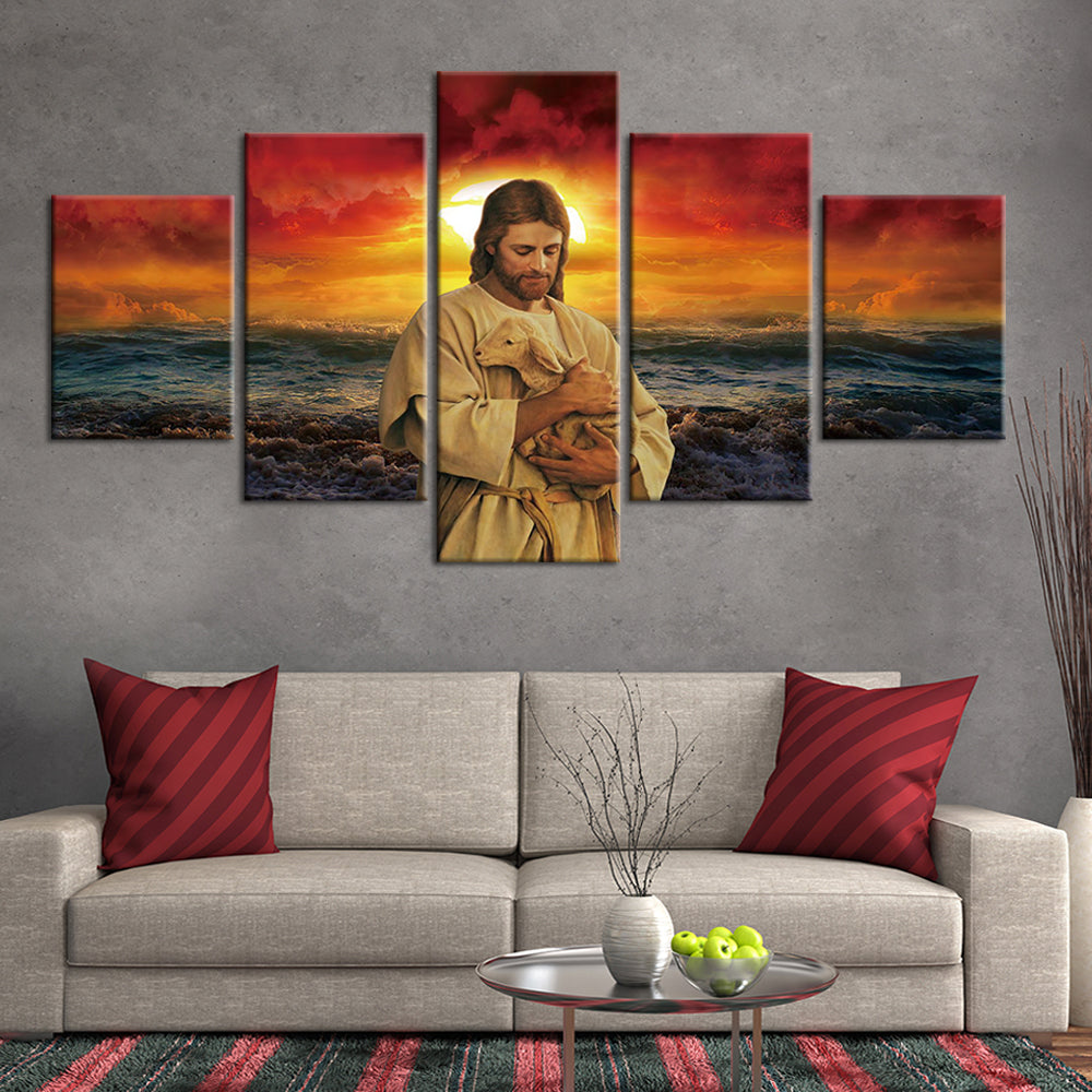 Jesus Lamb World Sunset Christianity Five Piece Canvas Wall Art Home Decor Multi Panel 5
