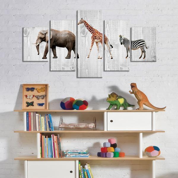 Kids Room Animals Five Piece Canvas Wall Art Wood Look