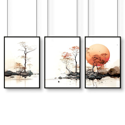 Living Room Wall Decor | Set of 3 Asian Inspired Wall art Prints