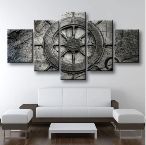 Rustic Nautical Wheel Canvas Five Piece Wall Art Home Decor